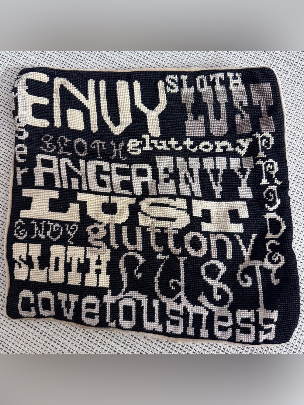 Jonathan Adler Seven Deadly Sin Needlepoint Wool & Velvet Pillow Cover